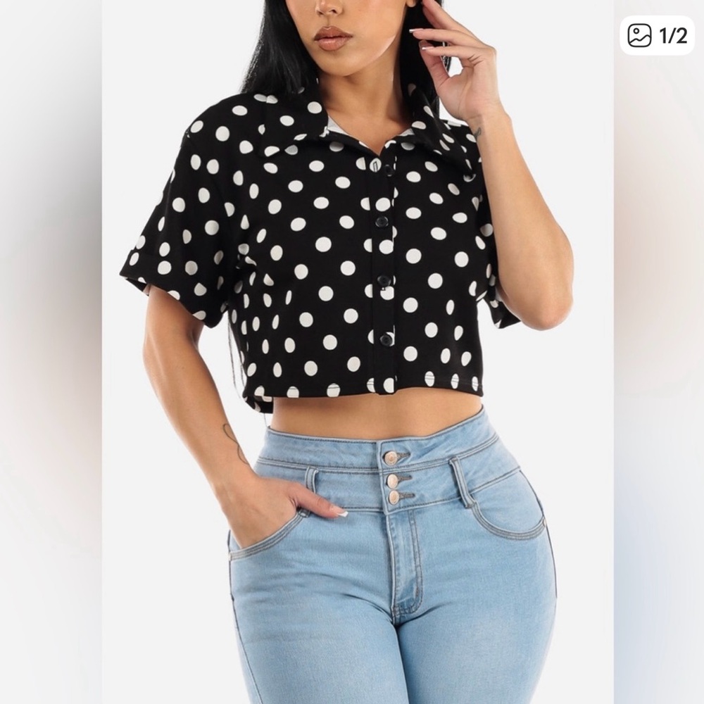 Polka Dot Black and White Button-up Crop Top